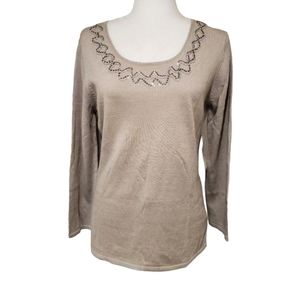 Ann Trinity Top Women's Size Medium Beige Embellished Neck Long Sleeves Knit Top